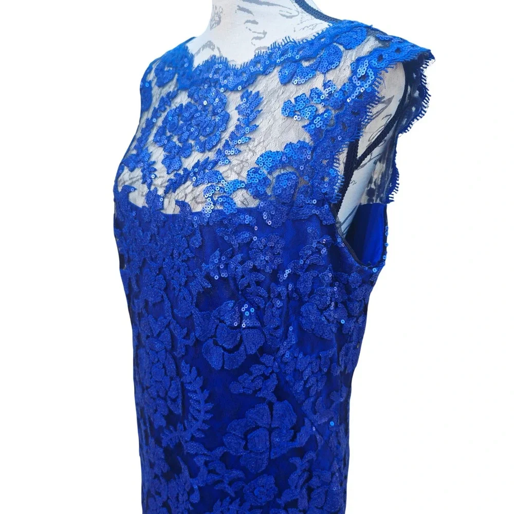 Tadashi Shoji Paillette Embroidered Lace Sheath Royal Blue Sequin Dress‎ 14